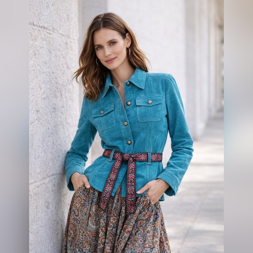 Ruff Hewn Suede Turquoise Utility Jacket with Patterned Belt Women's Size M